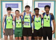 6 April 2019; MSB Dublin team, from left, Finn Woodger, Scott Fagan, Callum Oliphant, Nkemjika Onwumereh and Parisa Rithin with their gold medals after winning the under-17 boys 4x200m relay event during Day 3 of the Irish Life Health National Juvenile Indoor Championships at AIT in Athlone, Co Westmeath.  Photo by Matt Browne/Sportsfile