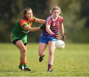 6 April 2019; Hannah Walsh of Coláiste Bhaile Chláir, Claregalway, in action against Aoife Mallon of St Catherine's, Armagh, during the Lidl All Ireland Post Primary School Junior A Final match between Coláiste Bhaile Chláir, Claregalway, Galway, and St Catherine’s, Armagh, at Philly McGuinness Memorial Park in Mohill in Co Leitrim. Photo by Stephen McCarthy/Sportsfile