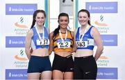 6 April 2019; Aisling Cassidy of Leevale AC, Cork, who won the girls under-19 triple jump event with second place Emily O'Mahony from Waterford AC and third place Aine Kerr from Finn Valley, Donegal, during Day 3 of the Irish Life Health National Juvenile Indoor Championships at AIT in Athlone, Co Westmeath. Photo by Matt Browne/Sportsfile