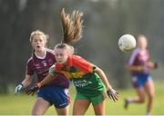 6 April 2019; Maeve Ferguson of St Catherine's, Armagh, in action against Brenda Naughton of Coláiste Bhaile Chláir, Claregalway, during the Lidl All Ireland Post Primary School Junior A Final match between Coláiste Bhaile Chláir, Claregalway, Galway, and St Catherine’s, Armagh, at Philly McGuinness Memorial Park in Mohill in Co Leitrim. Photo by Stephen McCarthy/Sportsfile