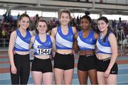 6 April 2019; The St Laurence O'Toole's team, from Carlow, who won the girls under-17 4x200m relay, from left, Lynsey Ward, Zoe Garrigan, Ciara Moore, Damilola Adesina and Aoife Ryan during Day 3 of the Irish Life Health National Juvenile Indoor Championships at AIT in Athlone, Co Westmeath. Photo by Matt Browne/Sportsfile