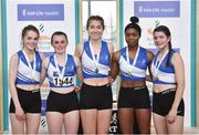 6 April 2019; The St Laurence O'Toole's team, from Carlow, who won the girls under-17 4x200m relay, from left, Lynsey Ward, Zoe Garrigan, Ciara Moore, Damilola Adesina and Aoife Ryan during Day 3 of the Irish Life Health National Juvenile Indoor Championships at AIT in Athlone, Co Westmeath. Photo by Matt Browne/Sportsfile