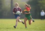 6 April 2019; Brenda Naughton of Coláiste Bhaile Chláir, Claregalway, in action against Hannah Duffy of St Catherine's, Armagh, during the Lidl All Ireland Post Primary School Junior A Final match between Coláiste Bhaile Chláir, Claregalway, Galway, and St Catherine’s, Armagh, at Philly McGuinness Memorial Park in Mohill in Co Leitrim. Photo by Stephen McCarthy/Sportsfile