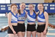 6 April 2019; The St. Laurence O'Toole's team, from Carlow, that won the girls under-19 4x200m relay, from left, Aoife Carroll, Corrine Kenny, Chloe Hayden and Sive O'Toole during Day 3 of the Irish Life Health National Juvenile Indoor Championships at AIT in Athlone, Co Westmeath. Photo by Matt Browne/Sportsfile