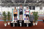 6 April 2019; Danny Kelly of Belgooly AC, Cork, who won gold in the boys under-16 long jump with second place Bobby Amadi of Dublin Striders AC and third place Conor Hoade of Galway City Harriers AC with Athletics Ireland President Georgina Drumm during Day 3 of the Irish Life Health National Juvenile Indoor Championships at AIT in Athlone, Co Westmeath. Photo by Matt Browne/Sportsfile