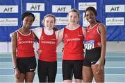 6 April 2019; The Dooneen AC team, from Limerick, who won the girls under-15 4x200m relay, from left, Debbie Lawal, Aimee Ryan, Emer Conroy and Victoria Amiadamen during Day 3 of the Irish Life Health National Juvenile Indoor Championships at AIT in Athlone, Co Westmeath. Photo by Matt Browne/Sportsfile