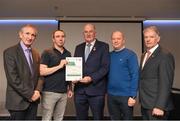 06 April 2019; The Longford recipient David Reynolds is photographed with Administrator Derek Fah,  Uachtaráin Cumann Lúthchleas Gael John Horan, Willie Barrett, left, Chairman National Referee Development Committee, and Vincent Neary, right, Chairman Referee Instructor Workgroup, at the presentation of certificates to new referees at Croke Park in Dublin. Photo by Ray McManus/Sportsfile