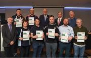 06 April 2019; The Down recipients Dane Devlin, Peter Owens, Marc Rogan, Veronica Ward, Colum Gribben, Eamon Rooney, Lorenzo McMullan, Seamus Walsh – Administrator are photographed with Uachtaráin Cumann Lúthchleas Gael John Horan, Willie Barrett, left, Chairman National Referee Development Committee, and Vincent Neary, right, Chairman Referee Instructor Workgrou,  at the presentation of certificates to new referees at Croke Park in Dublin. Photo by Ray McManus/Sportsfile