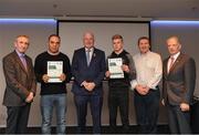 06 April 2019; The Cavan recipients including Gary Fay, Cormac Fitzpatrick, John Duffy – Administrator are photographed with Uachtaráin Cumann Lúthchleas Gael John Horan, Willie Barrett, Chairman National Referee Development Committee, left, and Vincent Neary, Chairman Referee Instructor Workgroup, right, at the presentation of certificates to new referees at Croke Park in Dublin. Photo by Ray McManus/Sportsfile