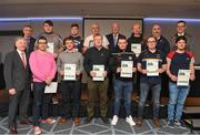 06 April 2019; The Armagh recipients including Brian Carvill, Omar Deveney, John Joe Hunter, Martin Hatzer, Conall Mc Ginnity, Kevin McCann, Paul Murnaghan, Paul Gallagher, Jonathan Gorman, Kevin McGale, Paul Hughes, Henry McCloy – Administrator are photographed with Uachtaráin Cumann Lúthchleas Gael John Horan, Willie Barrett, Chairman National Referee Development Committee, and Vincent Neary, Chairman Referee Instructor Workgroup at the presentation of certificates to new referees at Croke Park in Dublin. Photo by Ray McManus/Sportsfile