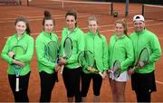 6 April 2019; Team Ireland players, from left, Juliana Carton, Jane Fennelly, Rachael Dillon, Sinead Lohan,Shauna Heffernan and captain John McGahon during the Irish Ladies Fed Cup Team Open Training Session at Naas Lawn Tennis Club in Naas, Co. Kildare ahead of the Montenegro Challenge. Photo by David Fitzgerald/Sportsfile