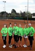 6 April 2019; Team Ireland players, from left, Juliana Carton, Jane Fennelly, Rachael Dillon, Sinead Lohan,Shauna Heffernan and captain John McGahon during the Irish Ladies Fed Cup Team Open Training Session at Naas Lawn Tennis Club in Naas, Co. Kildare ahead of the Montenegro Challenge. Photo by David Fitzgerald/Sportsfile