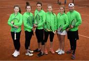 6 April 2019; Team Ireland players, from left, Juliana Carton, Jane Fennelly, Rachael Dillon, Sinead Lohan,Shauna Heffernan and captain John McGahon during the Irish Ladies Fed Cup Team Open Training Session at Naas Lawn Tennis Club in Naas, Co. Kildare ahead of the Montenegro Challenge. Photo by David Fitzgerald/Sportsfile