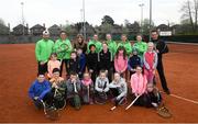 6 April 2019; Team Ireland players and coaches with Naas Lawn Tennis Club players during the Irish Ladies Fed Cup Team Open Training Session at Naas Lawn Tennis Club in Naas, Co. Kildare ahead of the Montenegro Challenge. Photo by David Fitzgerald/Sportsfile