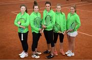 6 April 2019; Team Ireland players, from left, Juliana Carton, Jane Fennelly, Rachael Dillon, Sinead Lohan and Shauna Heffernan during the Irish Ladies Fed Cup Team Open Training Session at Naas Lawn Tennis Club in Naas, Co. Kildare ahead of the Montenegro Challenge. Photo by David Fitzgerald/Sportsfile