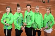 6 April 2019; Team Ireland players, from left, Juliana Carton, Jane Fennelly, Rachael Dillon, Sinead Lohan and Shauna Heffernan during the Irish Ladies Fed Cup Team Open Training Session at Naas Lawn Tennis Club in Naas, Co. Kildare ahead of the Montenegro Challenge. Photo by David Fitzgerald/Sportsfile