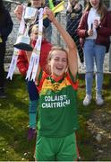 6 April 2019; St Catherine's, Armagh, captain Lucy McAlary lifts the cup following the Lidl All Ireland Post Primary School Junior A Final match between Coláiste Bhaile Chláir, Claregalway, Galway, and St Catherine’s, Armagh, at Philly McGuinness Memorial Park in Mohill in Co Leitrim. Photo by Stephen McCarthy/Sportsfile