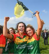 6 April 2019; Clia Creaney, left, and Casey Mullan of St Catherine's, Armagh, celebrate following the Lidl All Ireland Post Primary School Junior A Final match between Coláiste Bhaile Chláir, Claregalway, Galway, and St Catherine’s, Armagh, at Philly McGuinness Memorial Park in Mohill in Co Leitrim. Photo by Stephen McCarthy/Sportsfile