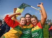 6 April 2019; St Catherine's, Armagh, players, from left, Chloe Kelly, Clia Creaney and Casey Mullan celebrate following the Lidl All Ireland Post Primary School Junior A Final match between Coláiste Bhaile Chláir, Claregalway, Galway, and St Catherine’s, Armagh, at Philly McGuinness Memorial Park in Mohill in Co Leitrim. Photo by Stephen McCarthy/Sportsfile
