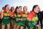 6 April 2019; St Catherine's, Armagh, players, from left, Emily Druse, Fiadhna Hughes, Aoife Boyle and Eva Lambe celebrate following the Lidl All Ireland Post Primary School Junior A Final match between Coláiste Bhaile Chláir, Claregalway, Galway, and St Catherine’s, Armagh, at Philly McGuinness Memorial Park in Mohill in Co Leitrim. Photo by Stephen McCarthy/Sportsfile