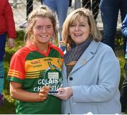 6 April 2019; Casey Mullan of St Catherine's, Armagh, is presented with the player of the match award by Ladies Gaelic Football Association President Marie Hickey following the Lidl All Ireland Post Primary School Junior A Final match between Coláiste Bhaile Chláir, Claregalway, Galway, and St Catherine’s, Armagh, at Philly McGuinness Memorial Park in Mohill in Co Leitrim. Photo by Stephen McCarthy/Sportsfile