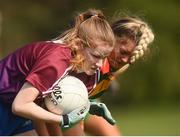 6 April 2019; Maeve McGarry of Coláiste Bhaile Chláir, Claregalway, in action against Casey Mullan of St Catherine's, Armagh, during the Lidl All Ireland Post Primary School Junior A Final match between Coláiste Bhaile Chláir, Claregalway, Galway, and St Catherine’s, Armagh, at Philly McGuinness Memorial Park in Mohill in Co Leitrim. Photo by Stephen McCarthy/Sportsfile