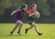 6 April 2019; Aobh McGlennan of St Catherine's, Armagh, in action against Laura Scanlon of Coláiste Bhaile Chláir, Claregalway, during the Lidl All Ireland Post Primary School Junior A Final match between Coláiste Bhaile Chláir, Claregalway, Galway, and St Catherine’s, Armagh, at Philly McGuinness Memorial Park in Mohill in Co Leitrim. Photo by Stephen McCarthy/Sportsfile