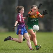 6 April 2019; Éabha Brennan of Coláiste Bhaile Chláir, Claregalway, in action against Caitlin McCormick of St Catherine's, Armagh, during the Lidl All Ireland Post Primary School Junior A Final match between Coláiste Bhaile Chláir, Claregalway, Galway, and St Catherine’s, Armagh, at Philly McGuinness Memorial Park in Mohill in Co Leitrim. Photo by Stephen McCarthy/Sportsfile