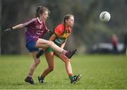 6 April 2019; Éabha Brennan of Coláiste Bhaile Chláir, Claregalway, in action against Caitlin McCormick of St Catherine's, Armagh, during the Lidl All Ireland Post Primary School Junior A Final match between Coláiste Bhaile Chláir, Claregalway, Galway, and St Catherine’s, Armagh, at Philly McGuinness Memorial Park in Mohill in Co Leitrim. Photo by Stephen McCarthy/Sportsfile