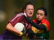 6 April 2019; Kiara Kearney of Coláiste Bhaile Chláir, Claregalway, in action against Eva Lambe of St Catherine's, Armagh, during the Lidl All Ireland Post Primary School Junior A Final match between Coláiste Bhaile Chláir, Claregalway, Galway, and St Catherine’s, Armagh, at Philly McGuinness Memorial Park in Mohill in Co Leitrim. Photo by Stephen McCarthy/Sportsfile
