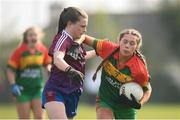 6 April 2019; Caitlin McCormick of St Catherine's, Armagh, in action against Laura Scanlon of Coláiste Bhaile Chláir, Claregalway, during the Lidl All Ireland Post Primary School Junior A Final match between Coláiste Bhaile Chláir, Claregalway, Galway, and St Catherine’s, Armagh, at Philly McGuinness Memorial Park in Mohill in Co Leitrim. Photo by Stephen McCarthy/Sportsfile