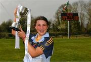 6 April 2019; Cashel Community School captain Leah Baskin celebrates with the cup after the Lidl All Ireland Post Primary School Junior C Final match between Cashel Community School and FCJ Bunclody at St Molleran’s in Carrickbeg, Co. Waterford. Photo by Diarmuid Greene/Sportsfile