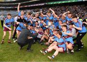 6 April 2019; The St Michaels College players, and the school principle Mark Henry, celebrate with the Hogan cup after the Masita GAA Post Primary Schools Hogan Cup Senior A Football match between Naas CBS and St Michaels College Enniskillen at Croke Park in Dublin. Photo by Ray McManus/Sportsfile