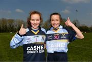 6 April 2019; Twins Caoilinn, left, and Aoibheann Casey of Cashel Community School, celebrate after the Lidl All Ireland Post Primary School Junior C Final match between Cashel Community School and FCJ Bunclody at St Molleran’s in Carrickbeg, Co. Waterford. Photo by Diarmuid Greene/Sportsfile