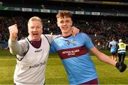 6 April 2019; Joe McDade of St Michaels College and manager Dom Corrigan celebtate after the Masita GAA Post Primary Schools Hogan Cup Senior A Football match between Naas CBS and St Michaels College Enniskillen at Croke Park in Dublin. Photo by Ray McManus/Sportsfile