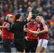 6 April 2019; James Dolan of Westmeath is shown a black card by referee Jerome Henry during the Allianz Football League Division 3 Final match between Laois and Westmeath at Croke Park in Dublin. Photo by Ray McManus/Sportsfile