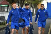 6 April 2019; Leinster players, from left, Ciarán Frawley, Vakh Abdaladze, and Robbie Henshaw arrive prior to the Guinness PRO14 Round 19 match between Leinster and Benetton at the RDS Arena in Dublin. Photo by Ramsey Cardy/Sportsfile