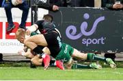 6 April 2019; Darragh Leader of Connacht Rugby scores a try which is then invalidated by the referee Ben Blain during the Guinness PRO14 Round 19 game between Zebre Rugby Club and Connacht Rugby at Stadio Lanfranchi in Parma, Italy. Photo by Roberto Bregani/Sportsfile