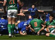 6 April 2019; Bryan Byrne of Leinster celebrates after scoring his side's second try during the Guinness PRO14 Round 19 match between Leinster and Benetton at the RDS Arena in Dublin. Photo by David Fitzgerald/Sportsfile