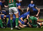 6 April 2019; Bryan Byrne of Leinster celebrates after scoring his side's second try during the Guinness PRO14 Round 19 match between Leinster and Benetton at the RDS Arena in Dublin. Photo by David Fitzgerald/Sportsfile