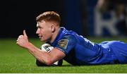 6 April 2019; Ciarán Frawley of Leinster celebrates after scoring his side's third try during the Guinness PRO14 Round 19 match between Leinster and Benetton at the RDS Arena in Dublin. Photo by Ramsey Cardy/Sportsfile