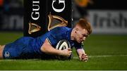 6 April 2019; Ciarán Frawley of Leinster scores his side's third try during the Guinness PRO14 Round 19 match between Leinster and Benetton at the RDS Arena in Dublin. Photo by David Fitzgerald/Sportsfile