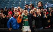 6 April 2019; Sebastian Negri da Ollegio of Benetton celebrates with the travelling fans following the Guinness PRO14 Round 19 match between Leinster and Benetton at the RDS Arena in Dublin. Photo by David Fitzgerald/Sportsfile