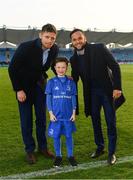 6 April 2019; Matchday mascot 8 year old Fionn McConville, from Athgarvan, Co. Kildare, with Leinster players Ross Byrne and Jamison Gibson-Park ahead of the Guinness PRO14 Round 19 match between Leinster and Benetton at the RDS Arena in Dublin. Photo by Ramsey Cardy/Sportsfile