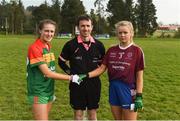 6 April 2019; Referee Kevin Corcoran with St Catherine's, Armagh, captain Lucy McAlary and Coláiste Bhaile Chláir, Claregalway captain Megan Flaherty prior to the Lidl All Ireland Post Primary School Junior A Final match between Coláiste Bhaile Chláir, Claregalway, Galway, and St Catherine’s, Armagh, at Philly McGuinness Memorial Park in Mohill in Co Leitrim. Photo by Stephen McCarthy/Sportsfile