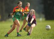 6 April 2019; Caitlin McCormick of St Catherine's, Armagh, in action against Éabha Brennan of Coláiste Bhaile Chláir, Claregalway, during the Lidl All Ireland Post Primary School Junior A Final match between Coláiste Bhaile Chláir, Claregalway, Galway, and St Catherine’s, Armagh, at Philly McGuinness Memorial Park in Mohill in Co Leitrim. Photo by Stephen McCarthy/Sportsfile