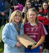 6 April 2019; Ladies Gaelic Football Association President Marie Hickey presents the runners up medals to Coláiste Bhaile Chláir, Claregalway, captain Megan Flaherty following the Lidl All Ireland Post Primary School Junior A Final match between Coláiste Bhaile Chláir, Claregalway, Galway, and St Catherine’s, Armagh, at Philly McGuinness Memorial Park in Mohill in Co Leitrim. Photo by Stephen McCarthy/Sportsfile