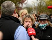 7 April 2019; Lynn Elliott, wife of the late Will Elliot, reacts as she is welcomed home outside Shaw's pub in the village of Summerhill in County Meath following Tiger Roll's win at the 2019 Randox Health Aintree Grand National. Photo by Harry Murphy/Sportsfile