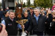 7 April 2019; The winner of the 2019 Randox Health Aintree Grand National Tiger Roll is led through the village of Summerhill in County Meath by grooms Karen Morgan, left, and Louise Dunne with trainer Gordon Elliott, left, and owner Michael O'Leary. Photo by Harry Murphy/Sportsfile