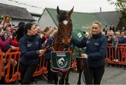 7 April 2019; The winner of the 2019 Randox Health Aintree Grand National Tiger Roll outside Shaw's pub in the village of Summerhill in County Meath with grooms Karen Morgan, left, and Louise Dunne. Photo by Harry Murphy/Sportsfile